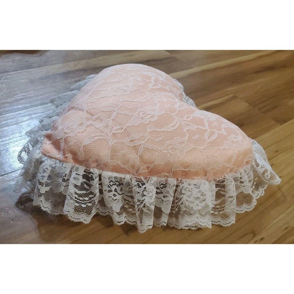 Heart Shaped Floral Lace Throw Pillow Peach Pink Cottagecore Victorian Romantic - Picture 4 of 8
